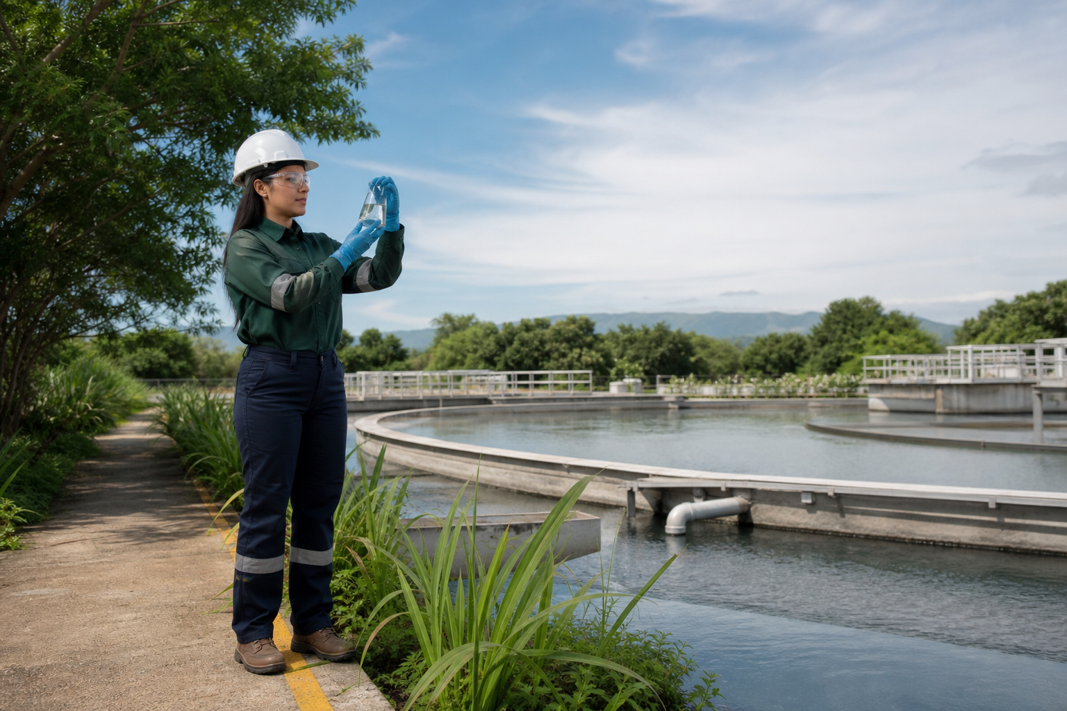 Especialista ambiental realiza un muestreo de agua en una planta de tratamiento